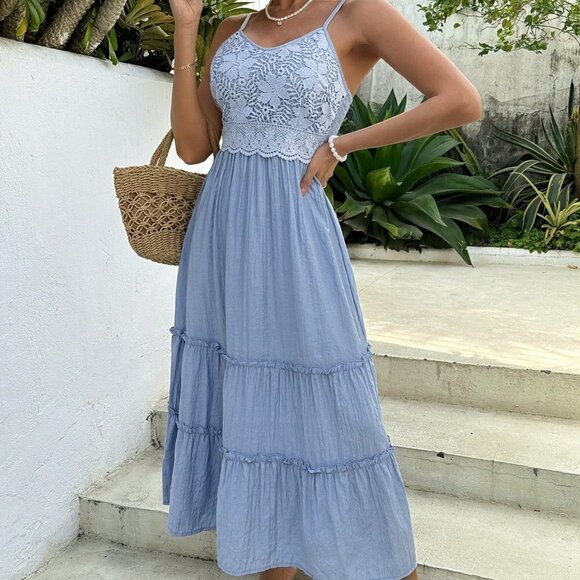 . Dresses & Skirts - Blue Boho Womens Lace Patchwork Backless Drawstring Cami Dress